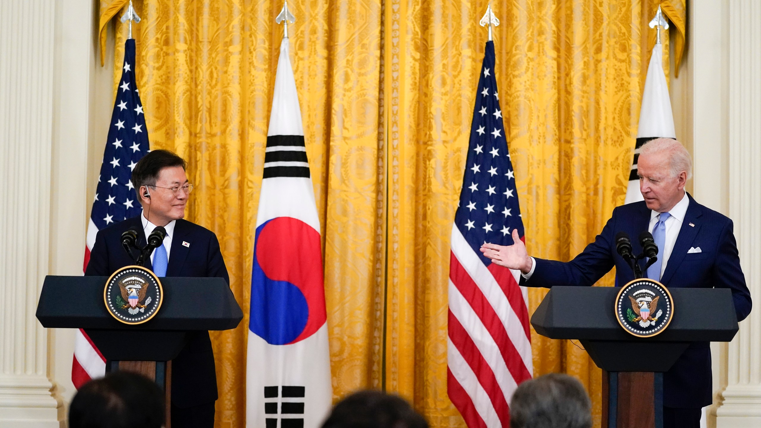 President Joe Biden speaks during a joint news conference with South Korean President Moon Jae-in, in the East Room of the White House, on May 21, 2021, in Washington. (AP Photo/Alex Brandon)