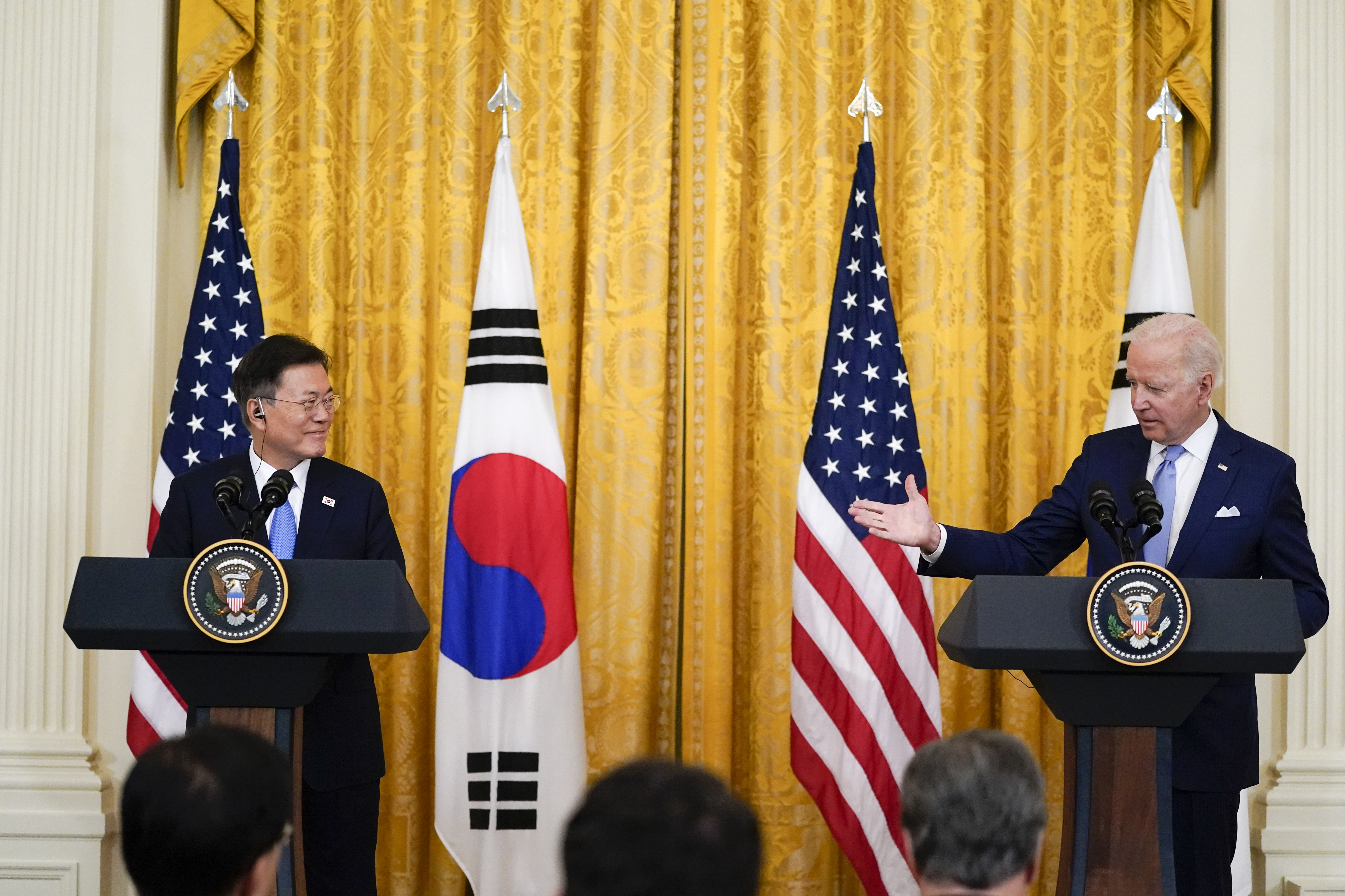 President Joe Biden speaks during a joint news conference with South Korean President Moon Jae-in, in the East Room of the White House, on May 21, 2021, in Washington. (AP Photo/Alex Brandon)