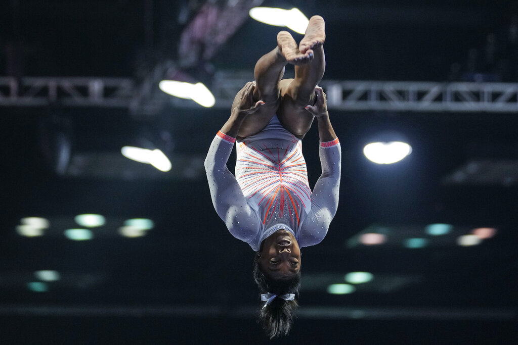 Simone Biles performs during the vault at the U.S. Classic gymnastics meet in Indianapolis, Saturday, May 22, 2021. (AP Photo/AJ Mast)