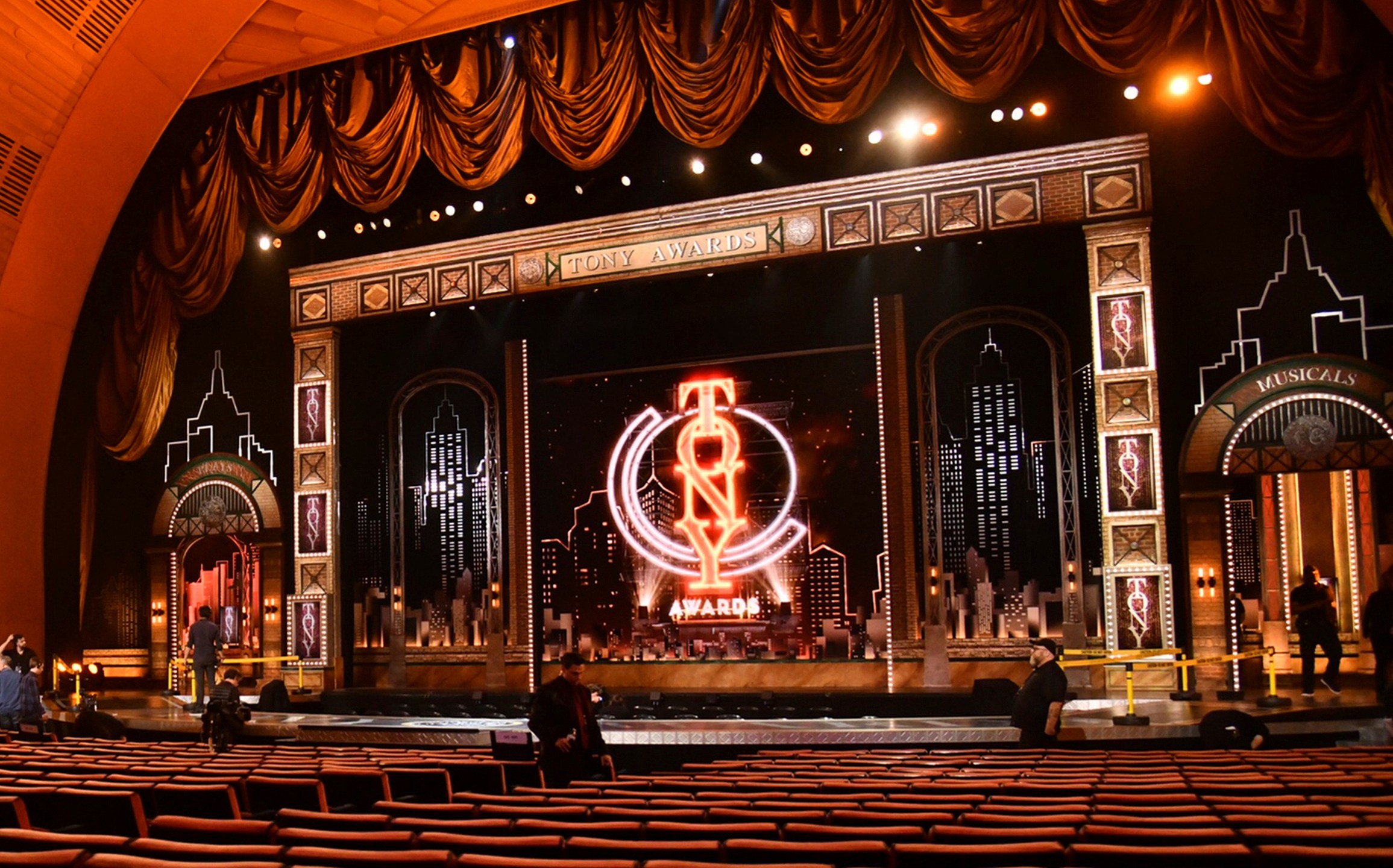 Workers prepare for the 73rd annual Tony Awards in New York on June 9, 2019. Producers of the telecast announced the Tonys will be held Sept. 26 and will air on CBS as well as Paramount+. (Charles Sykes/Invision/Associated Press/File)