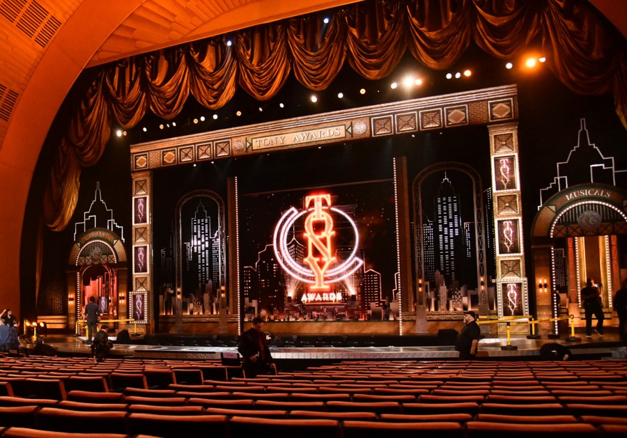 Workers prepare for the 73rd annual Tony Awards in New York on June 9, 2019. Producers of the telecast announced the Tonys will be held Sept. 26 and will air on CBS as well as Paramount+. (Charles Sykes/Invision/Associated Press/File)