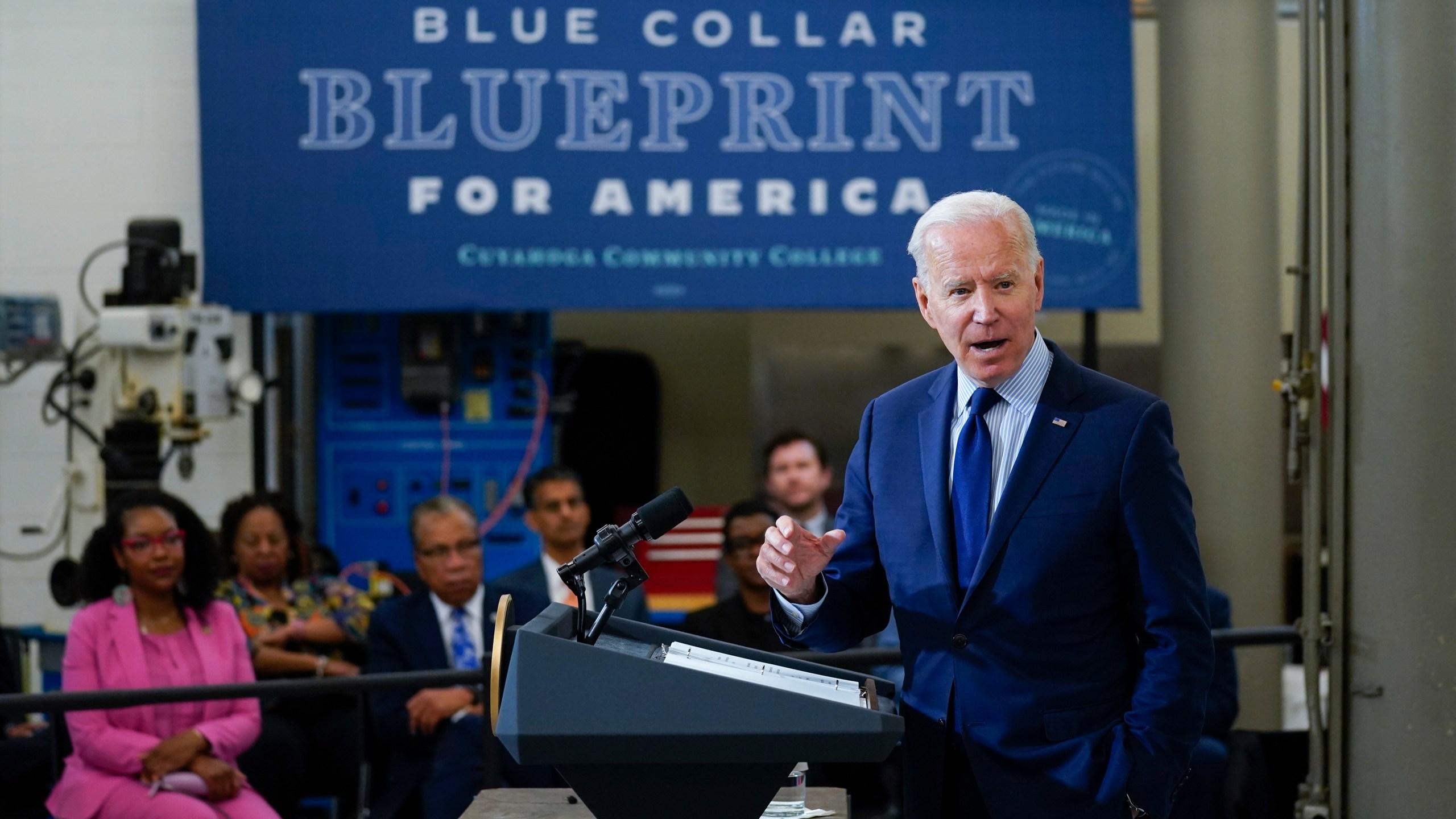 President Joe Biden delivers remarks on the economy at the Cuyahoga Community College Metropolitan Campus, Thursday, May 27, 2021, in Cleveland. (AP Photo/Evan Vucci)