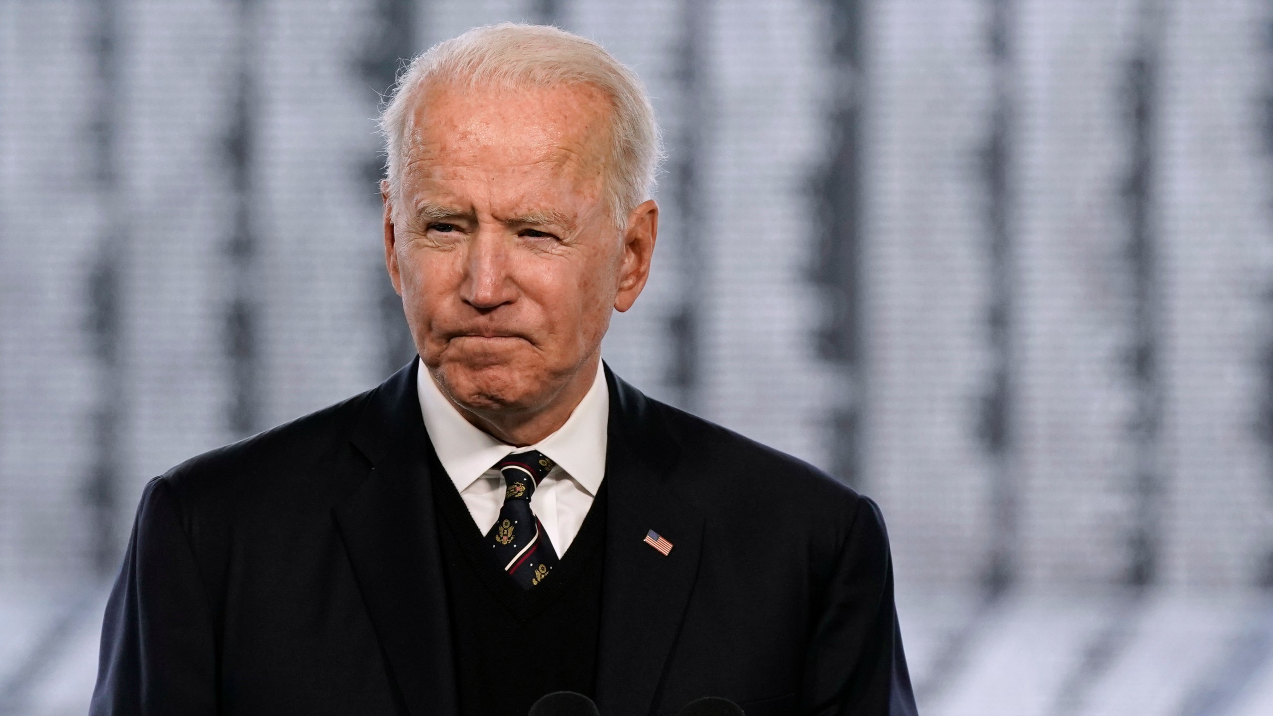 President Joe Biden speaks at a Memorial Day event at Veterans Memorial Park at the Delaware Memorial Bridge in New Castle, Del., Sunday, May 30, 2021. (AP Photo/Patrick Semansky)