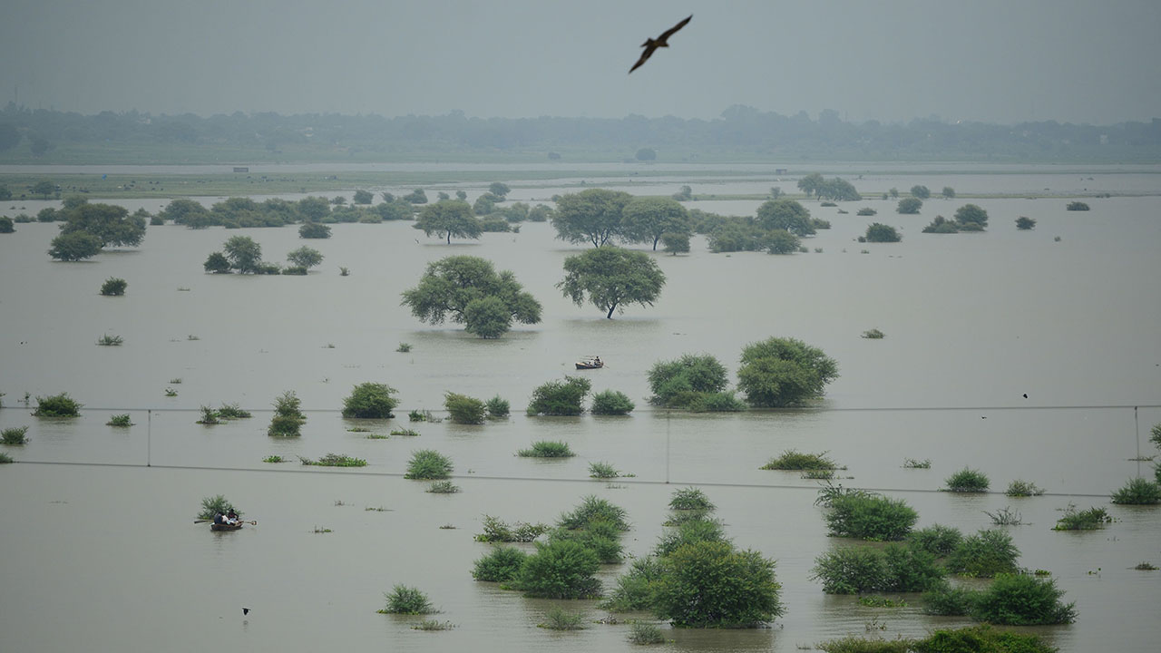 An aerial view shows villagers using boats to cross a flooded River Ganges in Allahabad on August 21, 2019. (SANJAY KANOJIA/AFP via Getty Images)