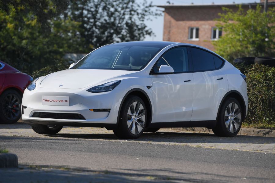 A Tesla Model Y car, an all-electric compact SUV, is seen during its presentation at the Automobile Club in Budapest on Sept. 5, 2020. (ATTILA KISBENEDEK / AFP / Getty Images)