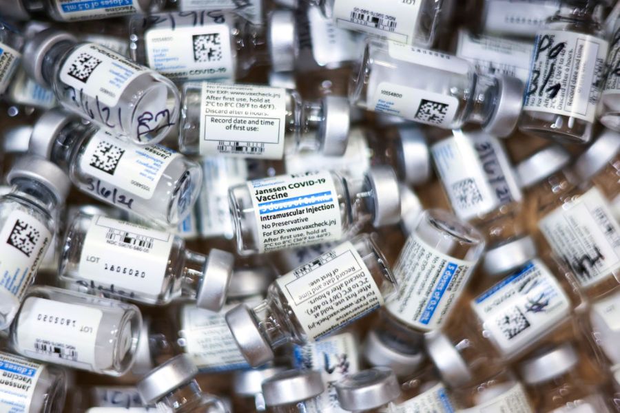 Used vials of the Johnson & Johnson COVID-19 vaccine sit in a box on March 6, 2021 in Thornton, Colorado. (Michael Ciaglo/Getty Images)