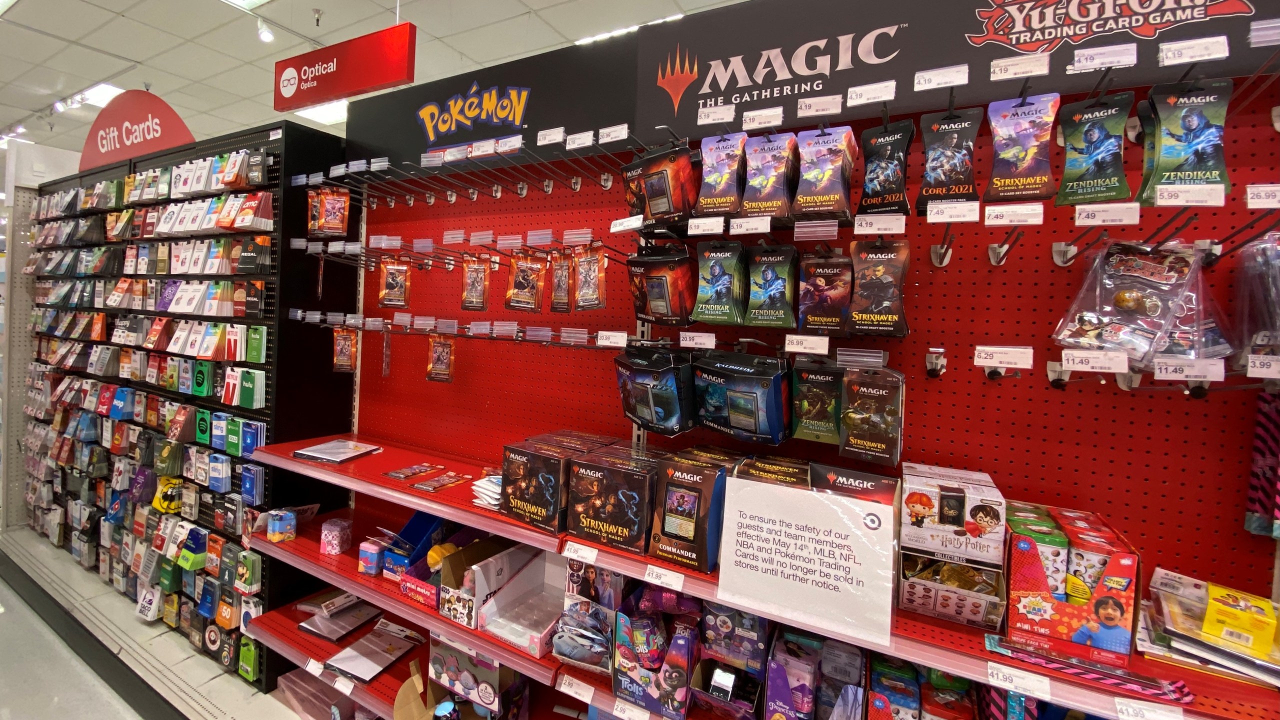 A sign warning customers that Pokemon trading cards will no longer be sold until further notice is displayed at a local Target store in Los Angeles, California on May 14, 2021. (Chris Delmas/AFP via Getty Images)