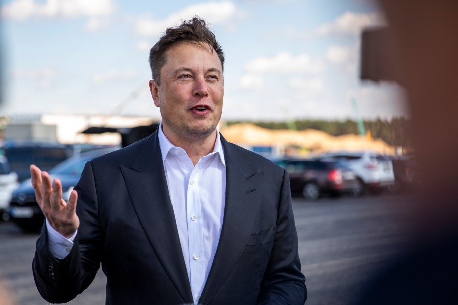 Tesla head Elon Musk arrives to have a look at the construction site of the new Tesla Gigafactory near Berlin in Gruenheide, Germany, on Sept. 3, 2020. (Maja Hitij / Getty Images)