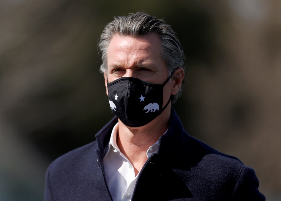 California Gov. Gavin Newsom looks on during a news conference after touring Barron Park Elementary School on March 02, 2021 in Palo Alto. (Justin Sullivan/Getty Images)