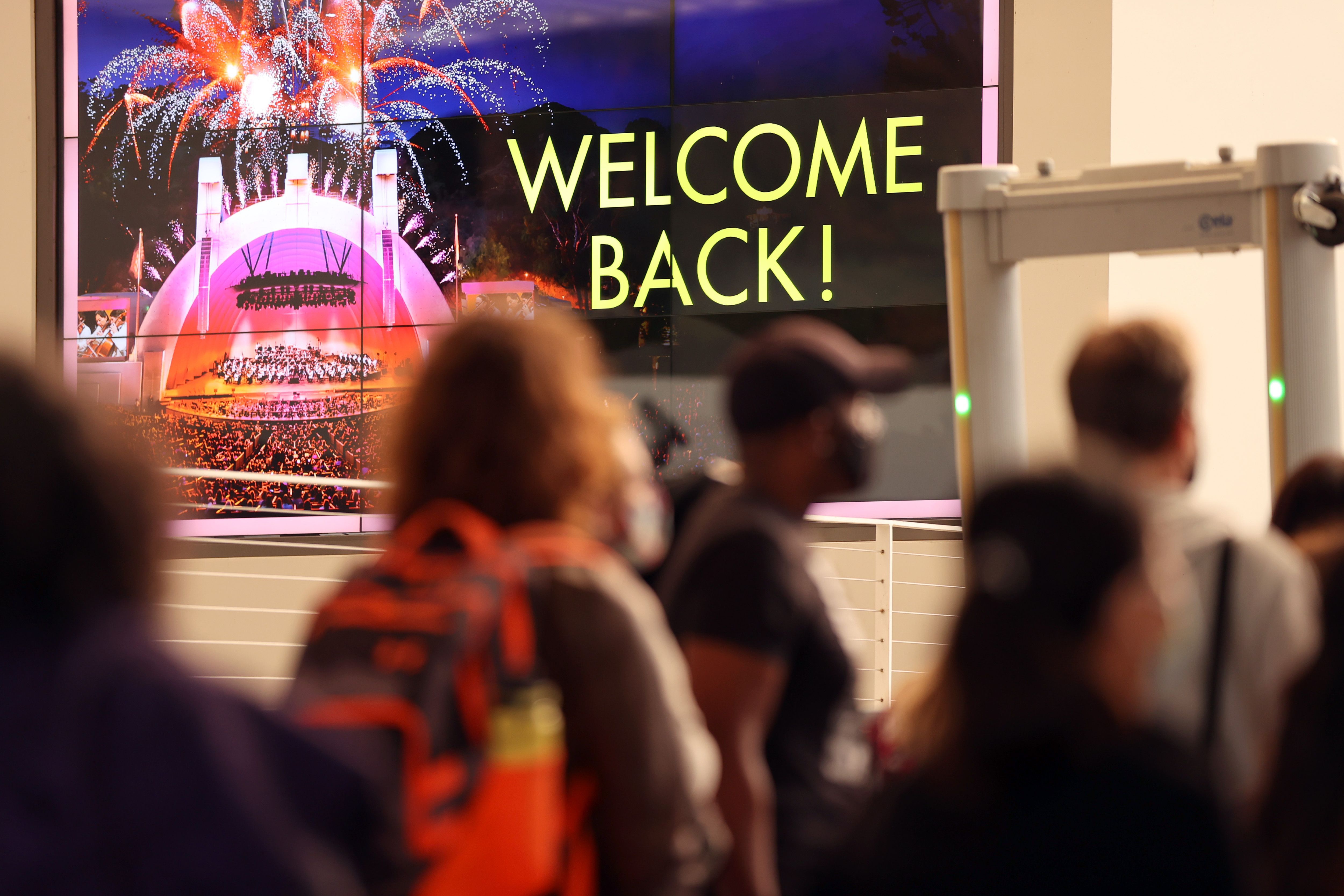 Guests are seen during the reopening of The Hollywood Bowl with a concert for healthcare workers, first responders and essential workers at Hollywood Bowl on May 15, 2021 in Los Angeles, California. (Amy Sussman/Getty Images)