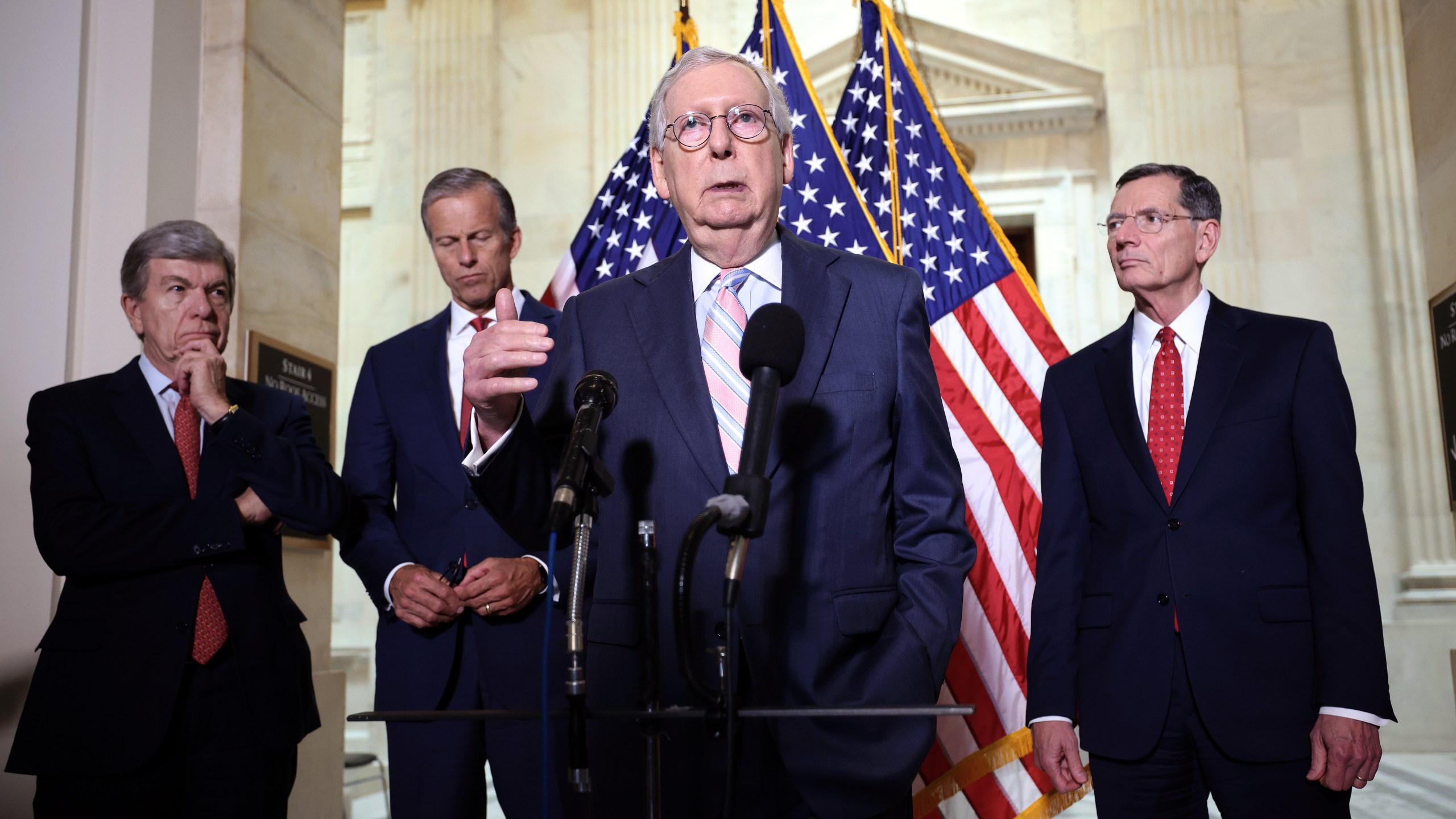 Senate Majority Leader Mitch McConnell (R-KY) joined by fellow Republican leadership, speaks to reporters following the weekly Republican policy luncheons on Capitol Hill on May 25, 2021, in Washington, D.C. The Republicans spoke on their own infrastructure plan and are expected to introduce their counteroffer to President Biden's plan later this week. (Kevin Dietsch/Getty Images)