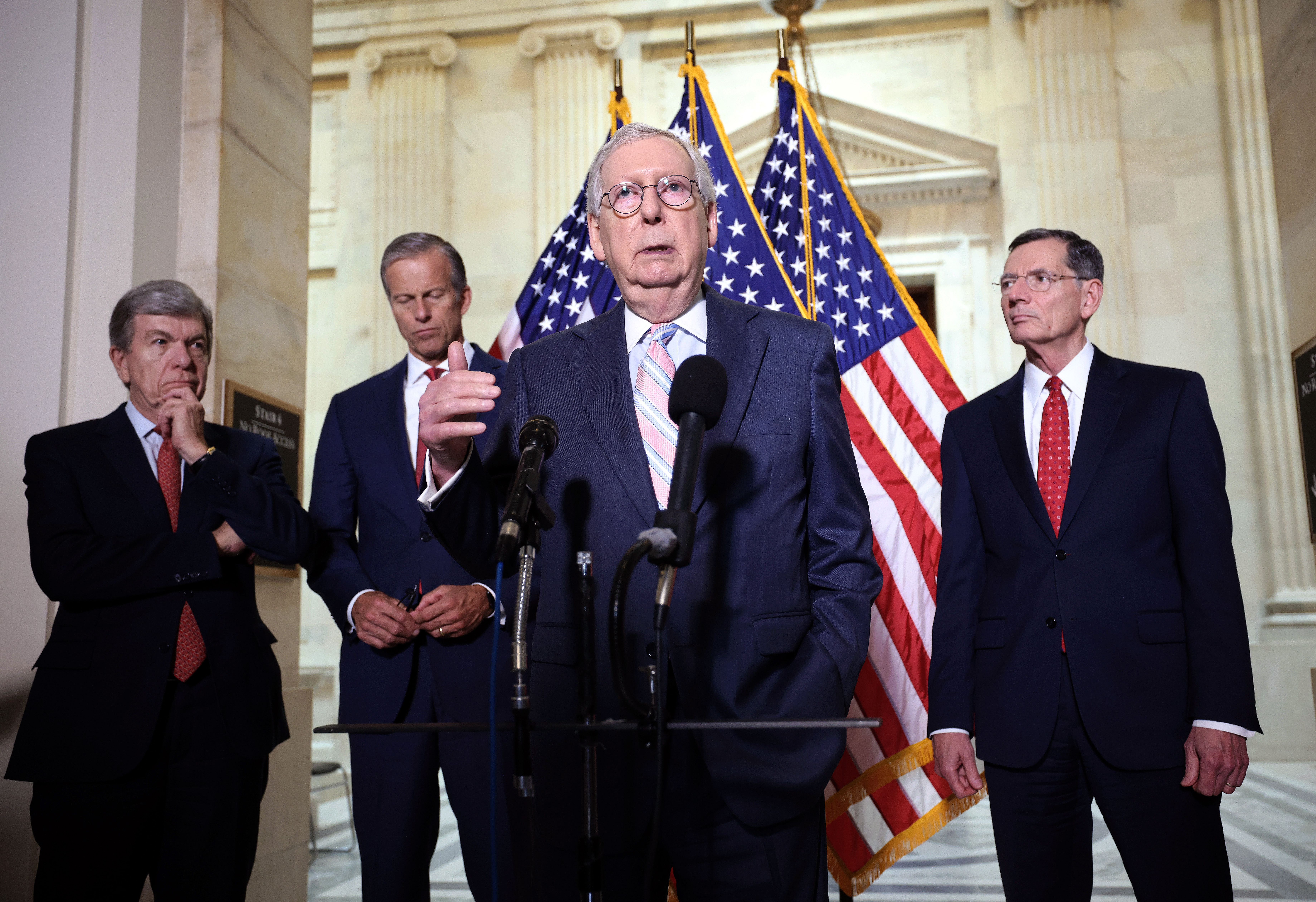 Senate Majority Leader Mitch McConnell (R-KY) joined by fellow Republican leadership, speaks to reporters following the weekly Republican policy luncheons on Capitol Hill on May 25, 2021, in Washington, D.C. The Republicans spoke on their own infrastructure plan and are expected to introduce their counteroffer to President Biden's plan later this week. (Kevin Dietsch/Getty Images)