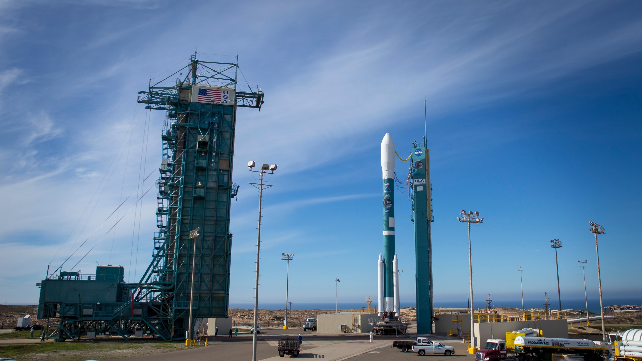 In this handout provided by NASA, a rocket is seen at Space Launch Complex 2 at Vandenberg Air Force Base on Jan. 29, 2015. (Bill Ingalls/NASA via Getty Images)