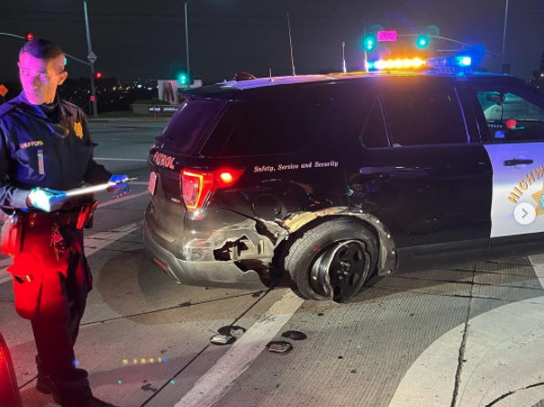 A CHP vehicle damaged in a crash on May 13, 2021 is shown in a photo shared by the agency on May 17, 2021.