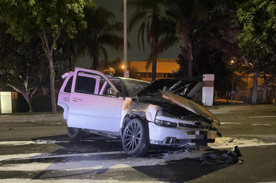 A vehicle seen badly damaged after a car-to-car shooting and a pursuit in Carson on May 29, 2021. (Carson Sheriff's Station)