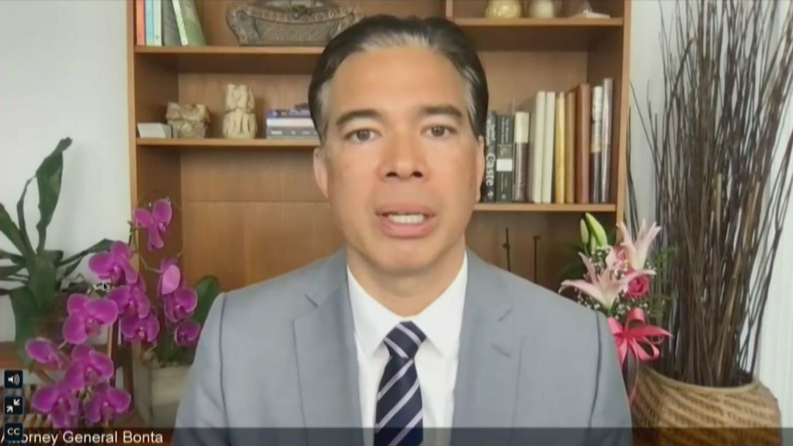 California's Attorney General Rob Bonta speaks during his first news conference in his new role on May 11, 2021.