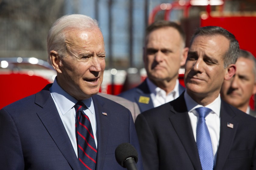 Mayor Eric Garcetti, right, is being considered for an ambassador post in President Biden’s administration. (Gabriella Angotti-Jones / Los Angeles Times)