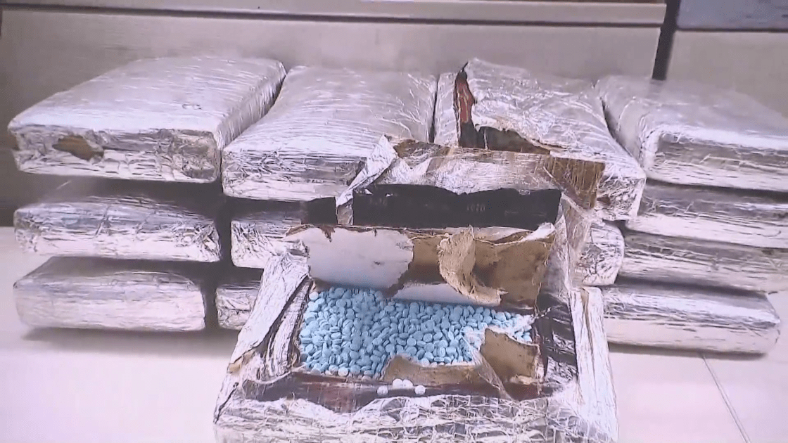 A photo of drugs seized during an extensive federal investigation into overdose deaths was shown during a news conference on May 13, 2021. (KTLA)