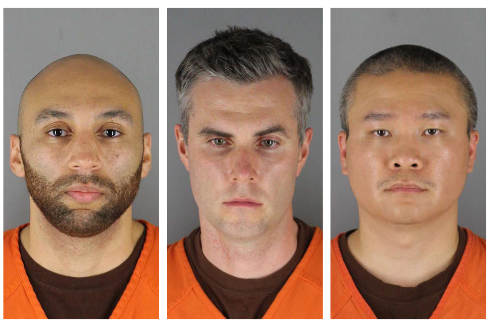 This combination of photos provided by the Hennepin County Sheriff's Office in Minnesota on June 3, 2020, shows ex-Minneapolis police officers from left, J. Alexander Kueng, Thomas Lane and Tou Thao. (Hennepin County Sheriff's Office via AP)