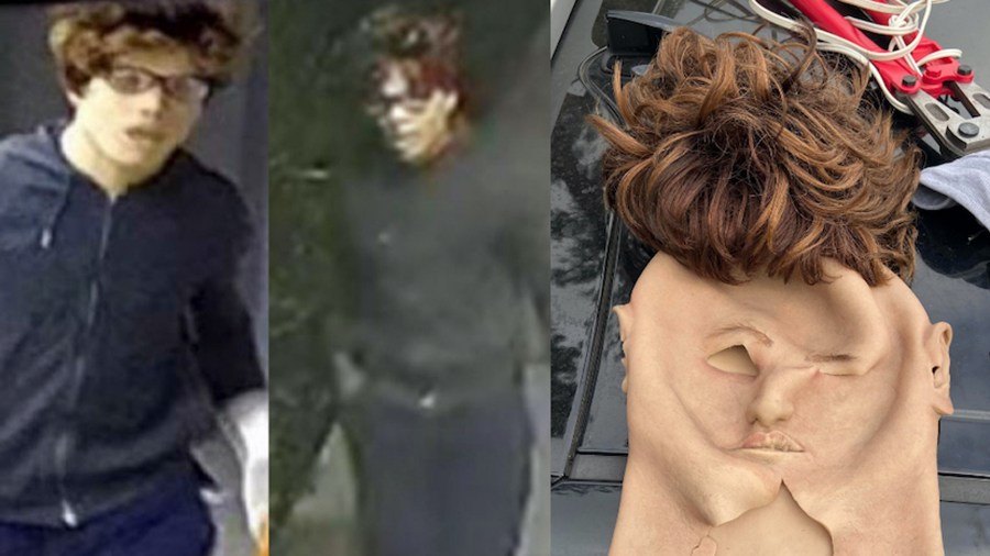 Photos of a man believed to have burglarized several homes while wearing a life-like mask is seen in photos released by the Beverly Hills Police Department on May 7, 2021.