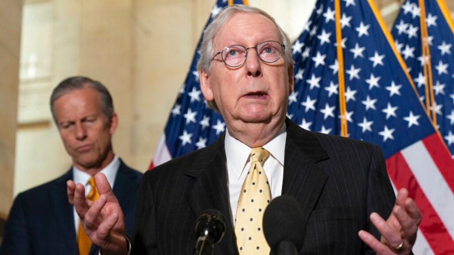 Senate Minority Leader Mitch McConnell of Ky., right, speaks to the media next to Sen. John Thune, R-S.D., Tuesday, May 18, 2021, after a meeting with Senate Republicans on Capitol Hill in Washington. (AP Photo/Jacquelyn Martin)