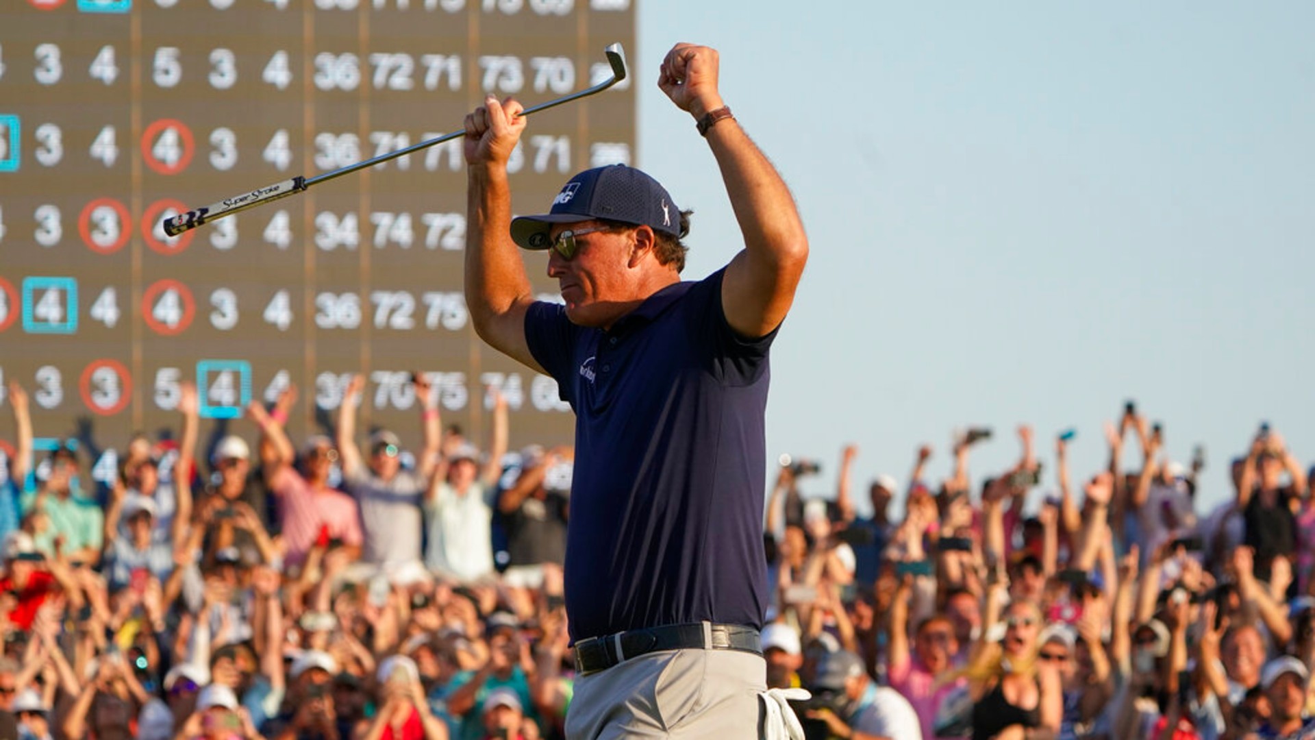 Phil Mickelson celebrates after winning the final round at the PGA Championship golf tournament on the Ocean Course, Sunday, May 23, 2021, in Kiawah Island, S.C. (AP Photo/Chris Carlson)