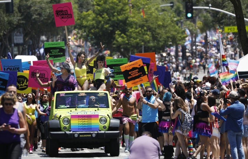 2021’s Pride parade will not happen, due to the continuing COVID-19 pandemic. Above, the 2018 parade in West Hollywood. (Francine Orr / Los Angeles Times)