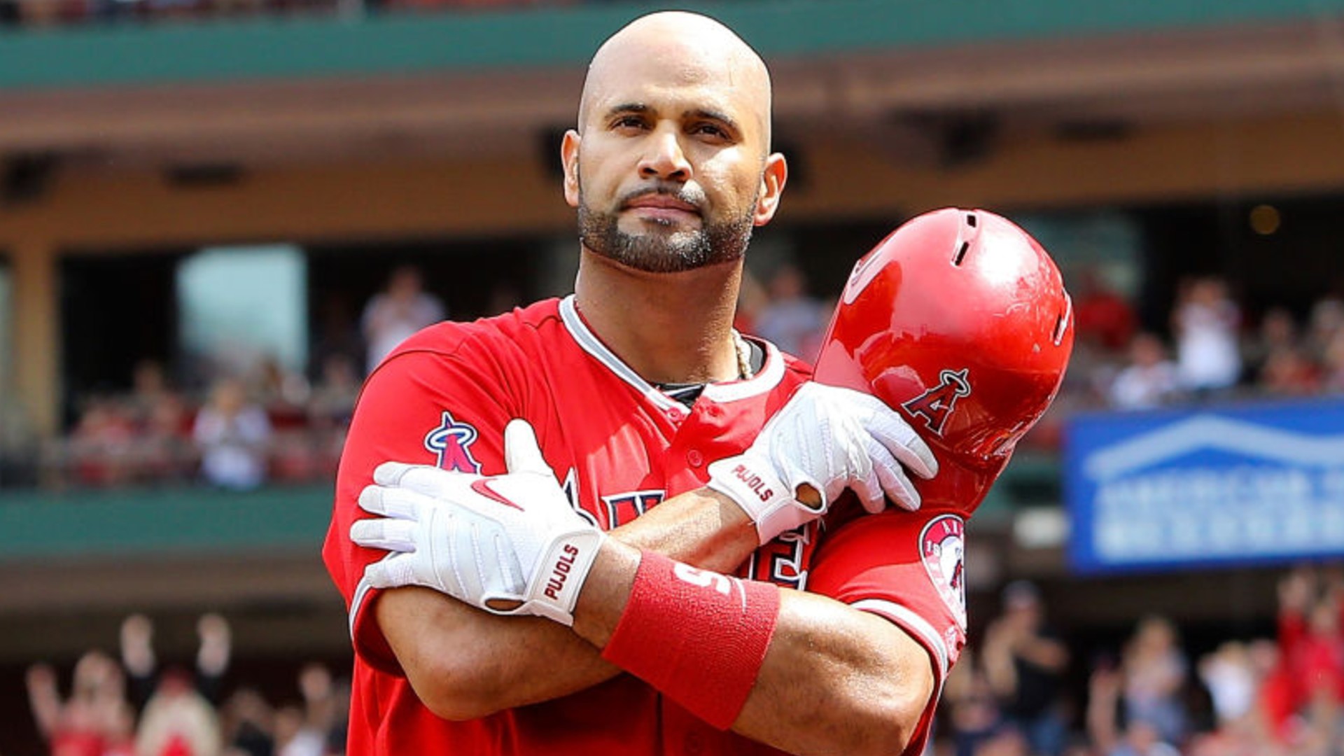 Albert Pujols of the Los Angeles Angels of Anaheim gives fans a curtain call after hitting a solo home run during the seventh inning against the St. Louis Cardinals at Busch Stadium on June 22, 2019 in St. Louis, Missouri. (Scott Kane/Getty Images)