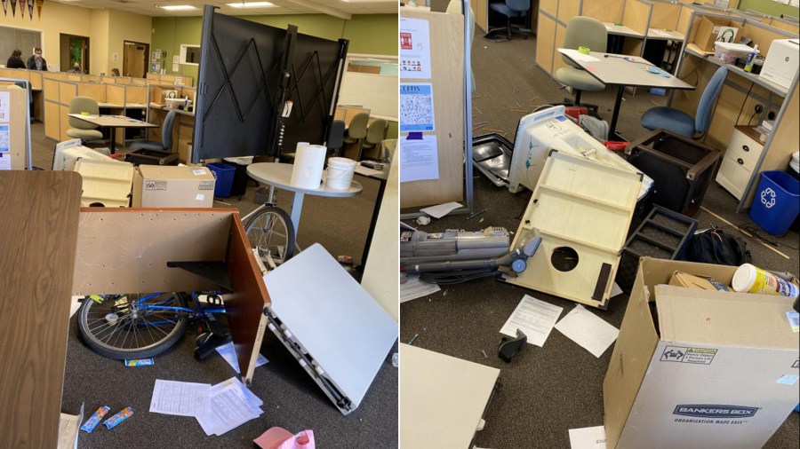 Destruction left by a woman who allegedly ran inside a Santa Rosa classroom and assaulted three people on May 19, 2021, in photos released by the Santa Rosa Police Department.