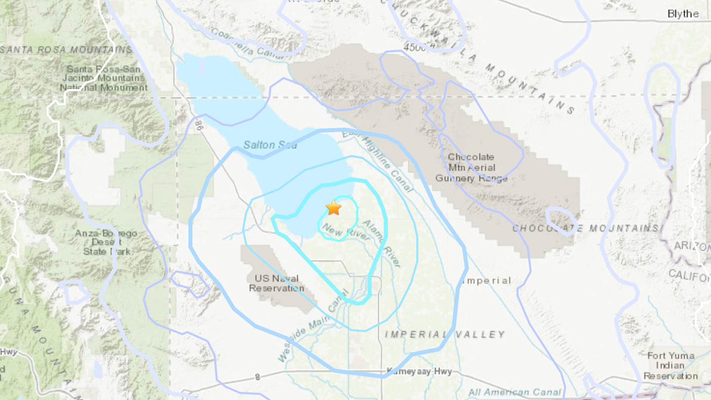 A magnitude 4.1 earthquake that struck along the southern tip of the Salton Sea on June 7, 2021, is seen in a map provided by the U.S. Geological Survey.