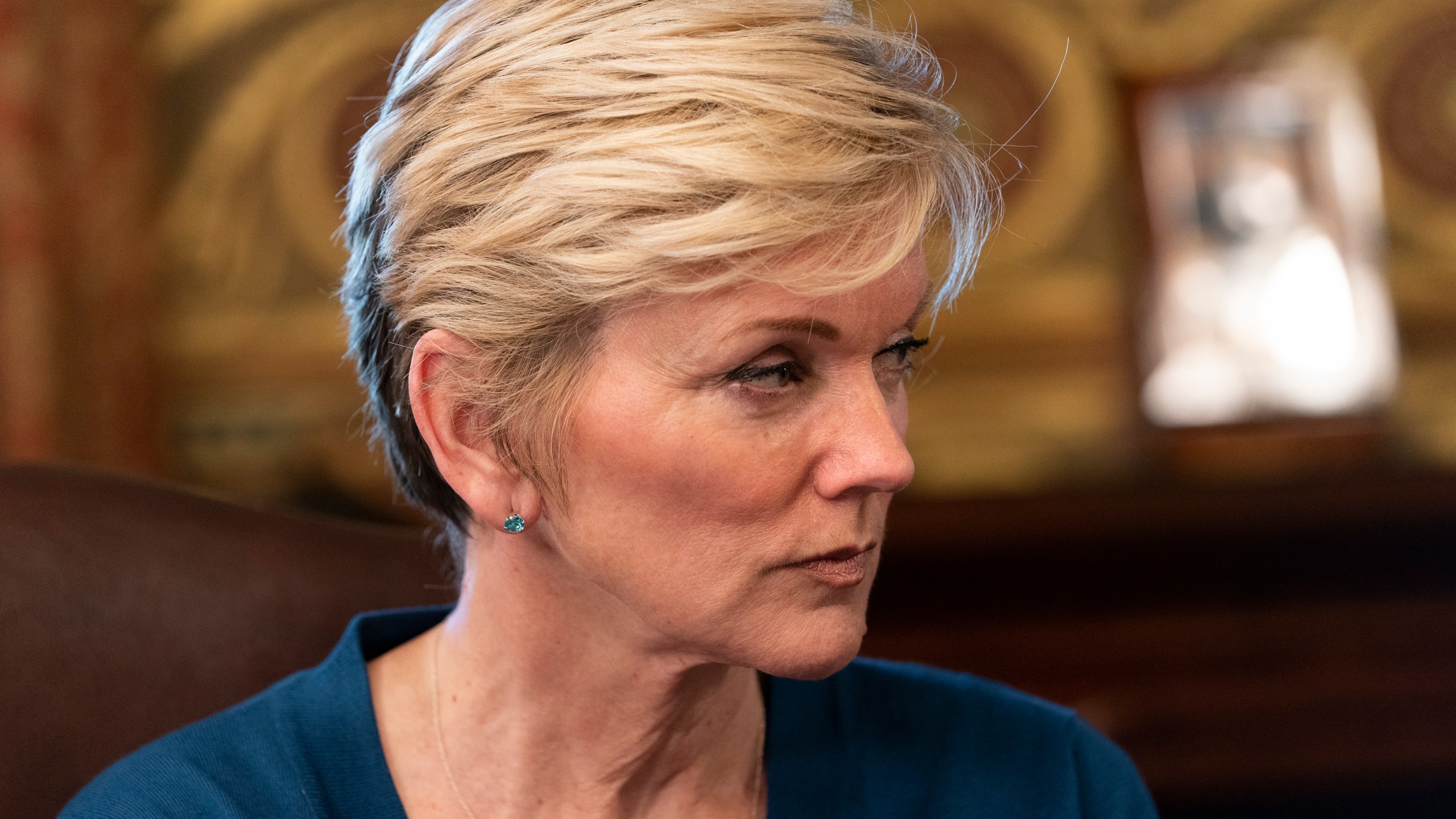 Energy Secretary Jennifer Granholm attends the inaugural meeting of the Task Force on Worker Organizing and Empowerment, in Harris' ceremonial office, Thursday, May 13, 2021, on the White House complex in Washington. (AP Photo/Jacquelyn Martin)