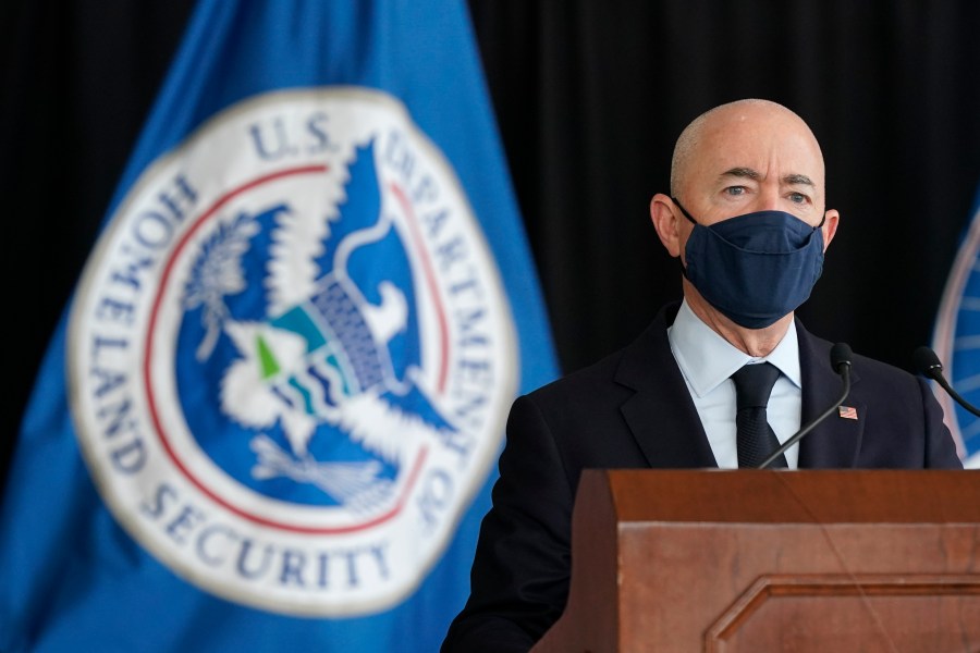 Secretary of Homeland Security Alejandro Mayorkas speaks about aviation security ahead of the summer travel season during a news conference at Ronald Reagan Washington National Airport, Tuesday, May 25, 2021, in Arlington, Va. (AP Photo/Patrick Semansky)