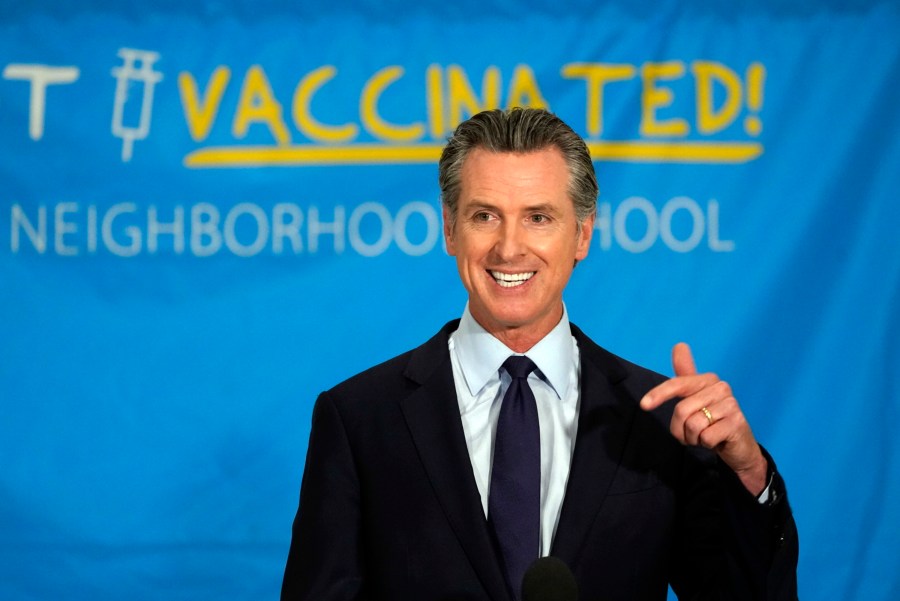 California Gov. Gavin Newsom announces vaccine incentives in Los Angeles, May 27, 2021. (AP Photo/Damian Dovarganes)