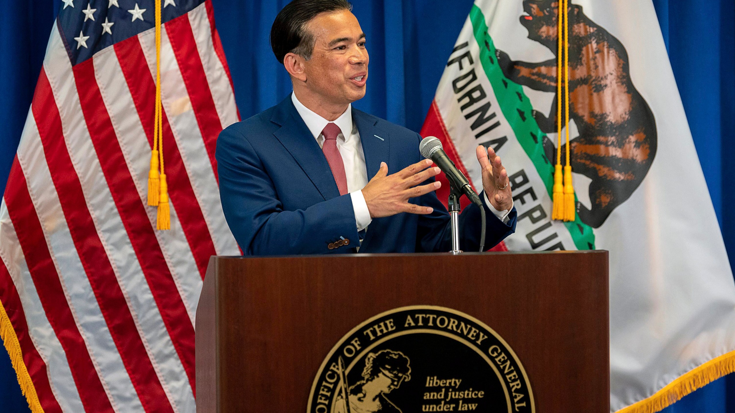 In this April 23, 2021, file photo, California Attorney General Rob Bonta speaks in Sacramento. (Paul Kitagaki Jr./The Sacramento Bee via AP, Pool, File)