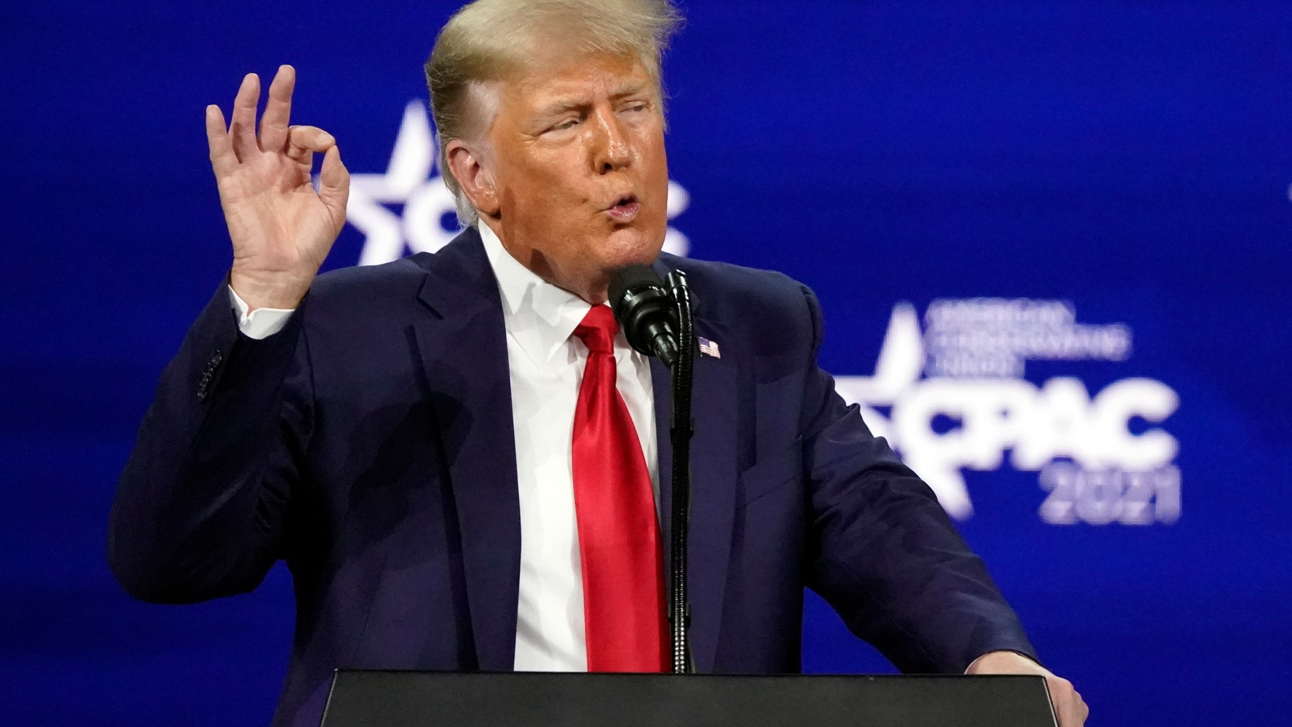 In this Feb. 28, 2021, photo, former president Donald Trump speaks at the Conservative Political Action Conference (CPAC) in Orlando. (John Raoux/Associated Press)