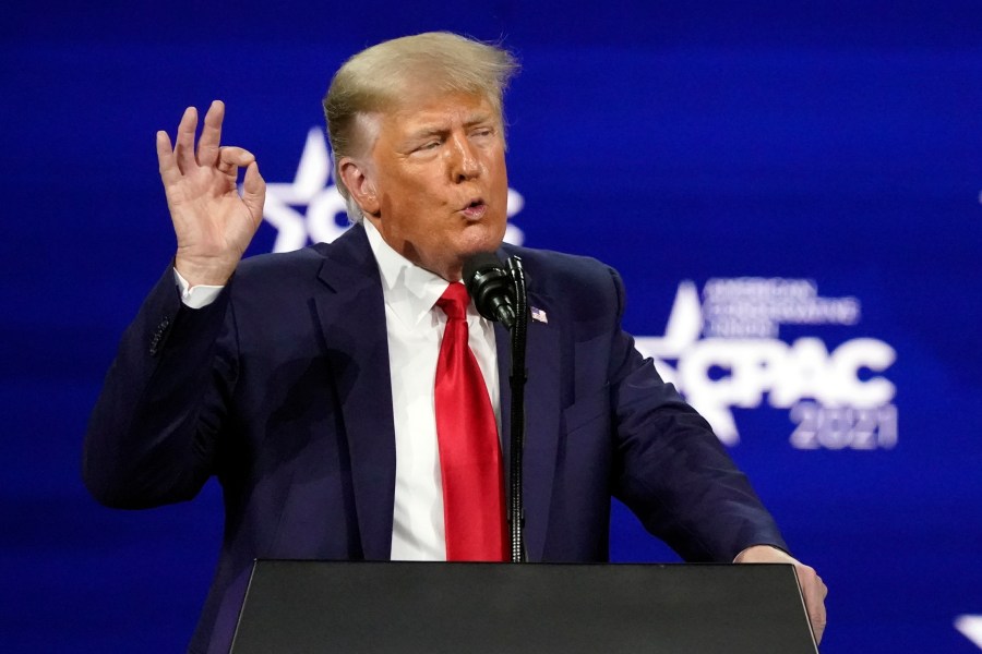 In this Feb. 28, 2021, photo, former president Donald Trump speaks at the Conservative Political Action Conference (CPAC) in Orlando. (John Raoux/Associated Press)