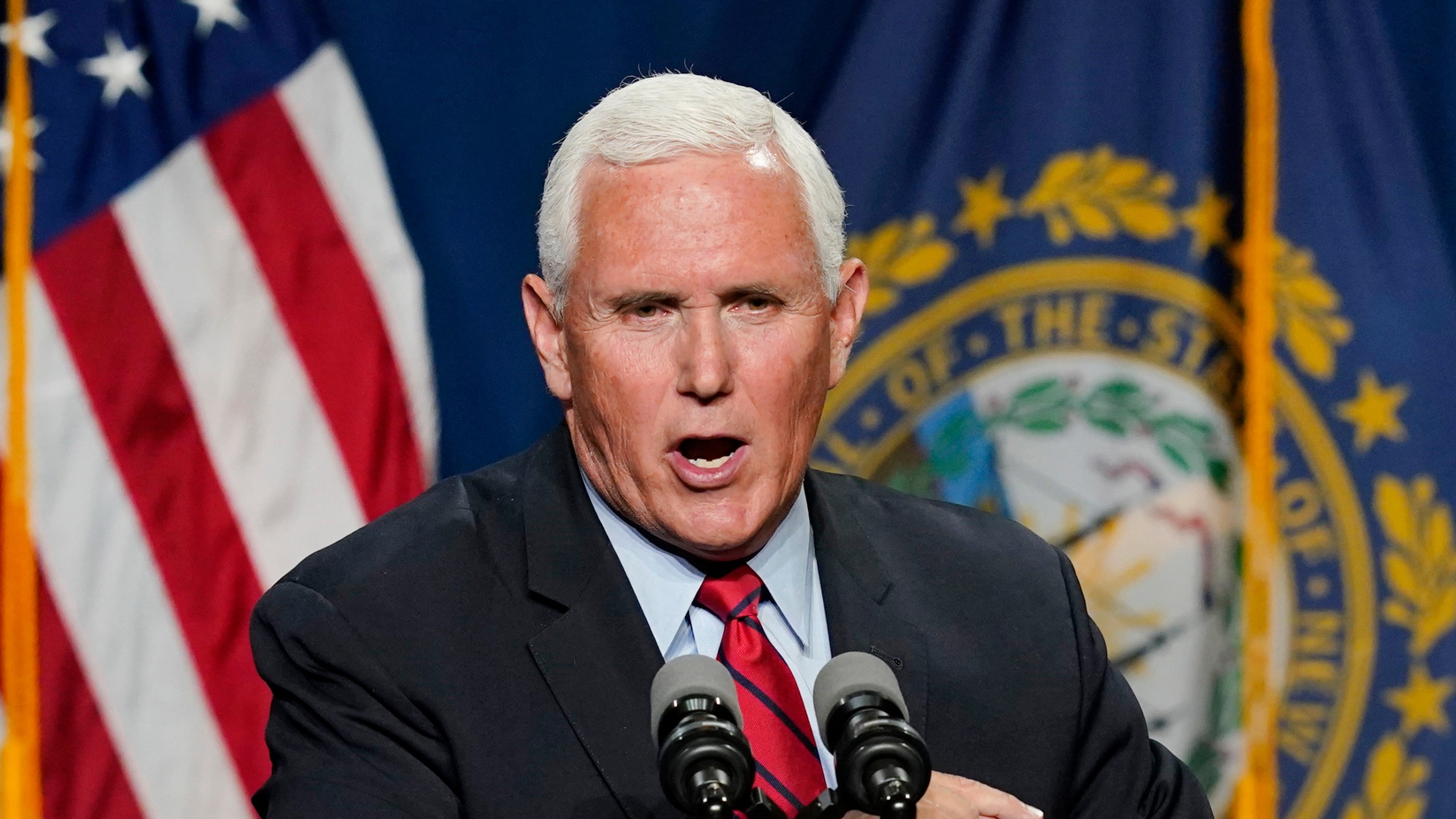 Former Vice President Mike Pence speaks at the annual Hillsborough County NH GOP Lincoln-Reagan Dinner on June 3, 2021, in Manchester, N.H. (Elise Amendola / Associated Press)