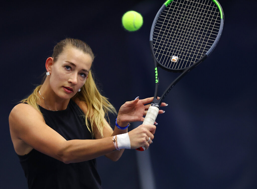 Russian Yana Sizikova poses for a photo during the Winter Moscow Open 2021 tennis tournament in Moscow, Russia, Wednesday, Feb. 24, 2021. (AP Photo/Alexander Bondarev)