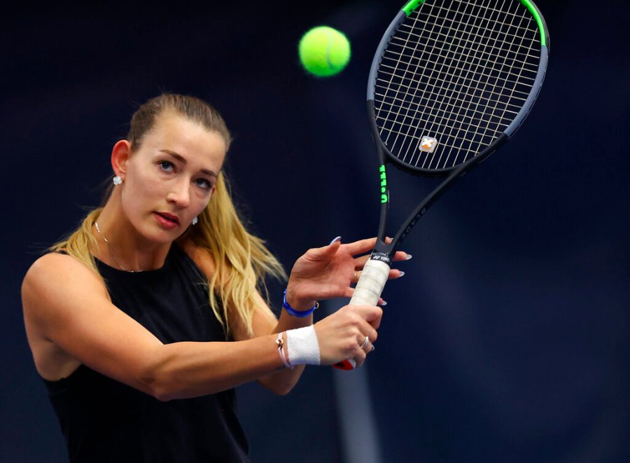 Russian Yana Sizikova poses for a photo during the Winter Moscow Open 2021 tennis tournament in Moscow, Russia, Wednesday, Feb. 24, 2021. (AP Photo/Alexander Bondarev)