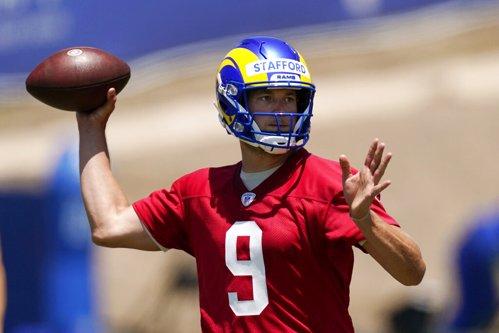 Los Angeles Rams quarterback Matthew Stafford passes during an NFL football practice Friday, June 4, 2021, in Thousand Oaks, Calif. (AP Photo/Mark J. Terrill)