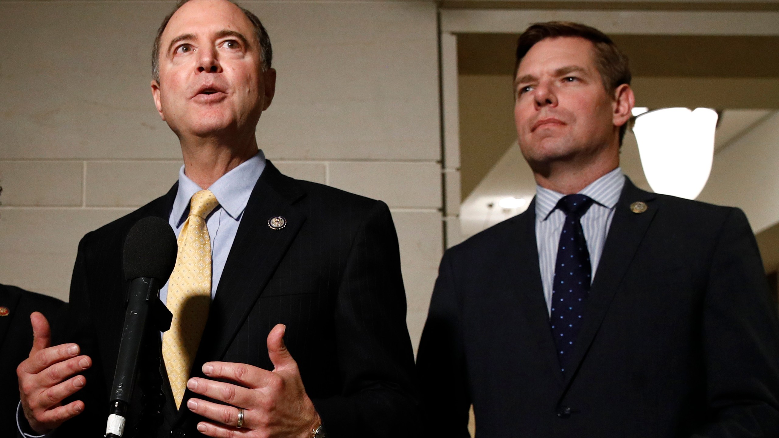 In this May 28, 2019 file photo, Rep. Adam Schiff, D-Calif., left, and Rep. Eric Swalwell, D-Calif., speak with members of the media on Capitol Hill. (Patrick Semansky/Associated Press)