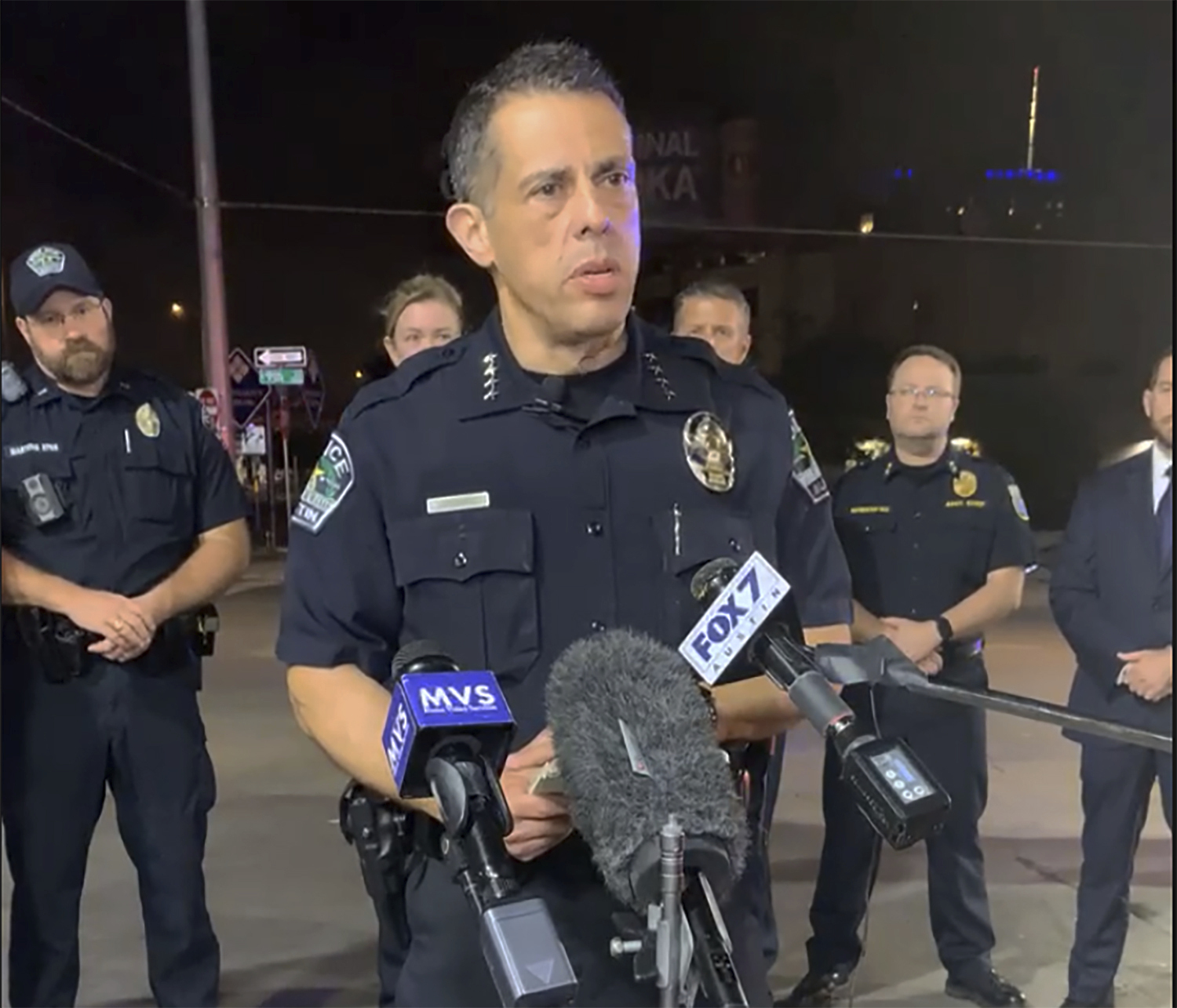 This photo provided by Austin Police Department shows Chief Chacon providing an update on overnight shootings in Austin, Texas, early Saturday, June 12, 2021. Chacon says gunfire erupted in a busy entertainment district downtown early Saturday injuring several. (Austin Police Department via AP)