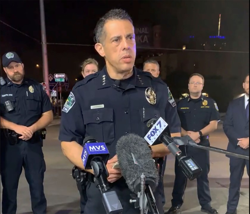 This photo provided by Austin Police Department shows Chief Chacon providing an update on overnight shootings in Austin, Texas, early Saturday, June 12, 2021. Chacon says gunfire erupted in a busy entertainment district downtown early Saturday injuring several. (Austin Police Department via AP)