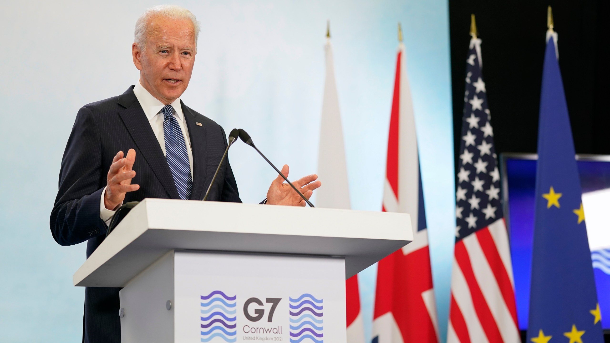 President Joe Biden speaks during a news conference after attending the G-7 summit, Sunday, June 13, 2021, at Cornwall Airport in Newquay, England. (AP Photo/Patrick Semansky)