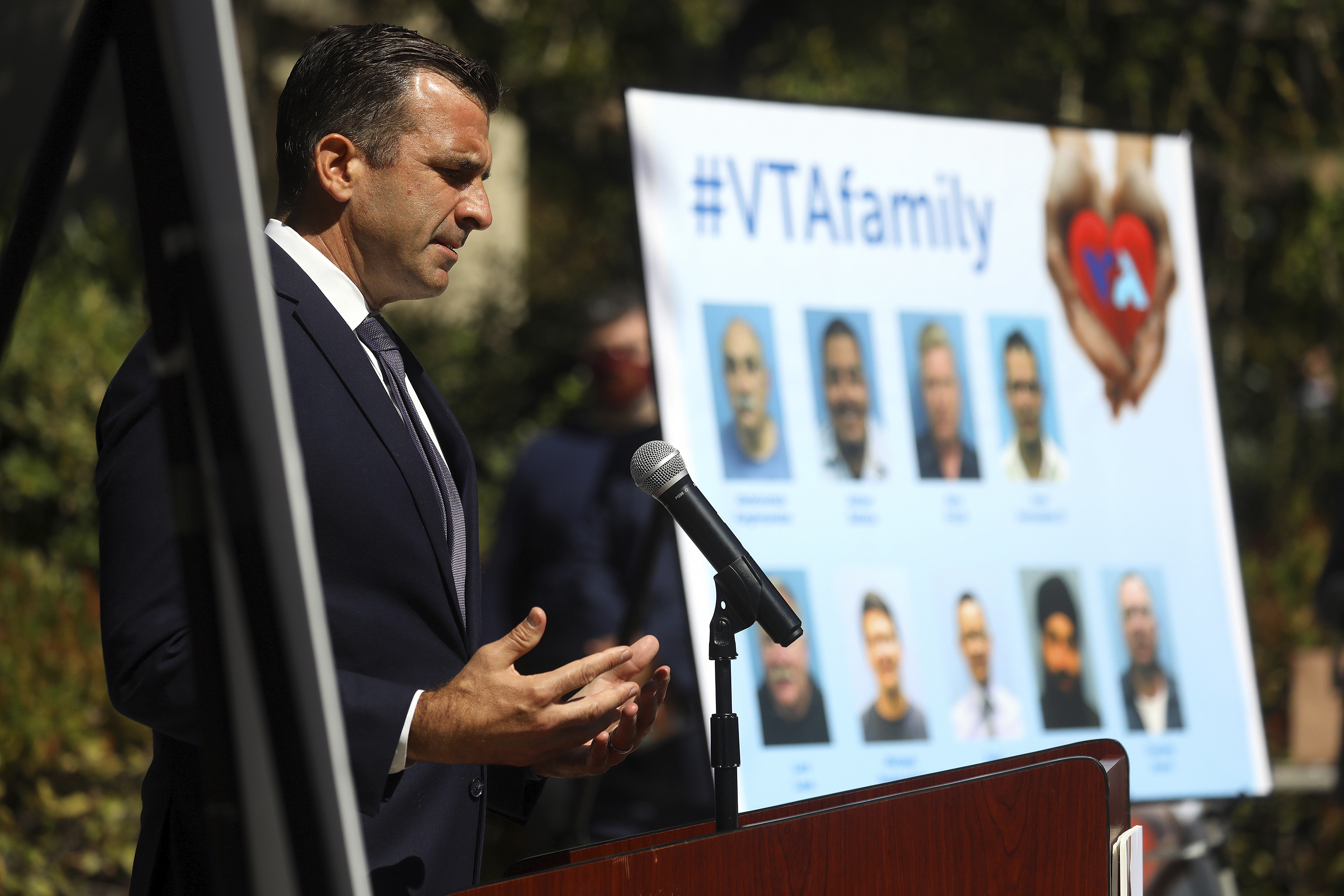 In this May 27, 2021 file photo, San Jose Mayor Sam Liccardo speaks during a news conference honoring nine people killed by a coworker in San Jose. (Aric Crabb/Bay Area News Group via Associated Press)