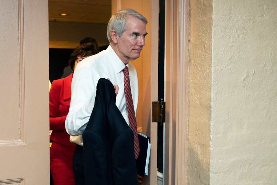 Sen. Rob Portman, R-Ohio, leaves a closed-door bipartisan infrastructure meeting with a group of senators and White House aides on Capitol Hill in Washington on June 22, 2021. (AP Photo/Manuel Balce Ceneta)