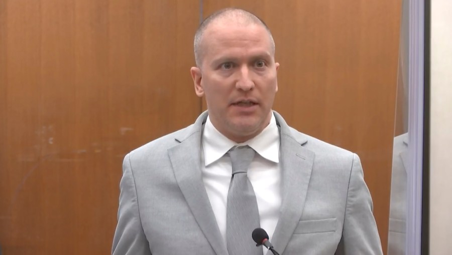 In this image taken from video, former Minneapolis police Officer Derek Chauvin addresses the court as Hennepin County Judge Peter Cahill presides over Chauvin's sentencing, Friday, June 25, 2021, at the Hennepin County Courthouse in Minneapolis. (Court TV via AP, Pool)