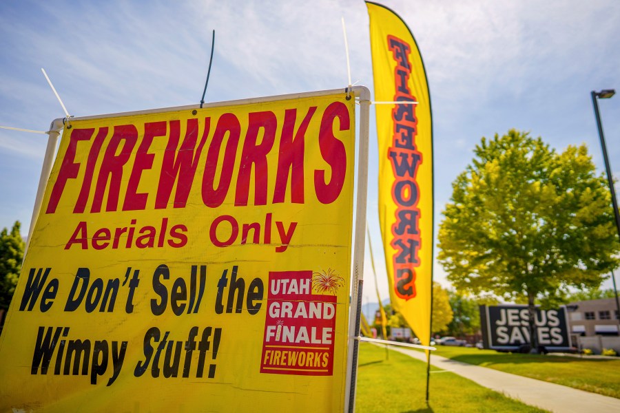 A sign advertising fireworks is shown on Wednesday, June 23, 2021, in American Fork, Utah. (Trent Nelson/The Salt Lake Tribune via AP)