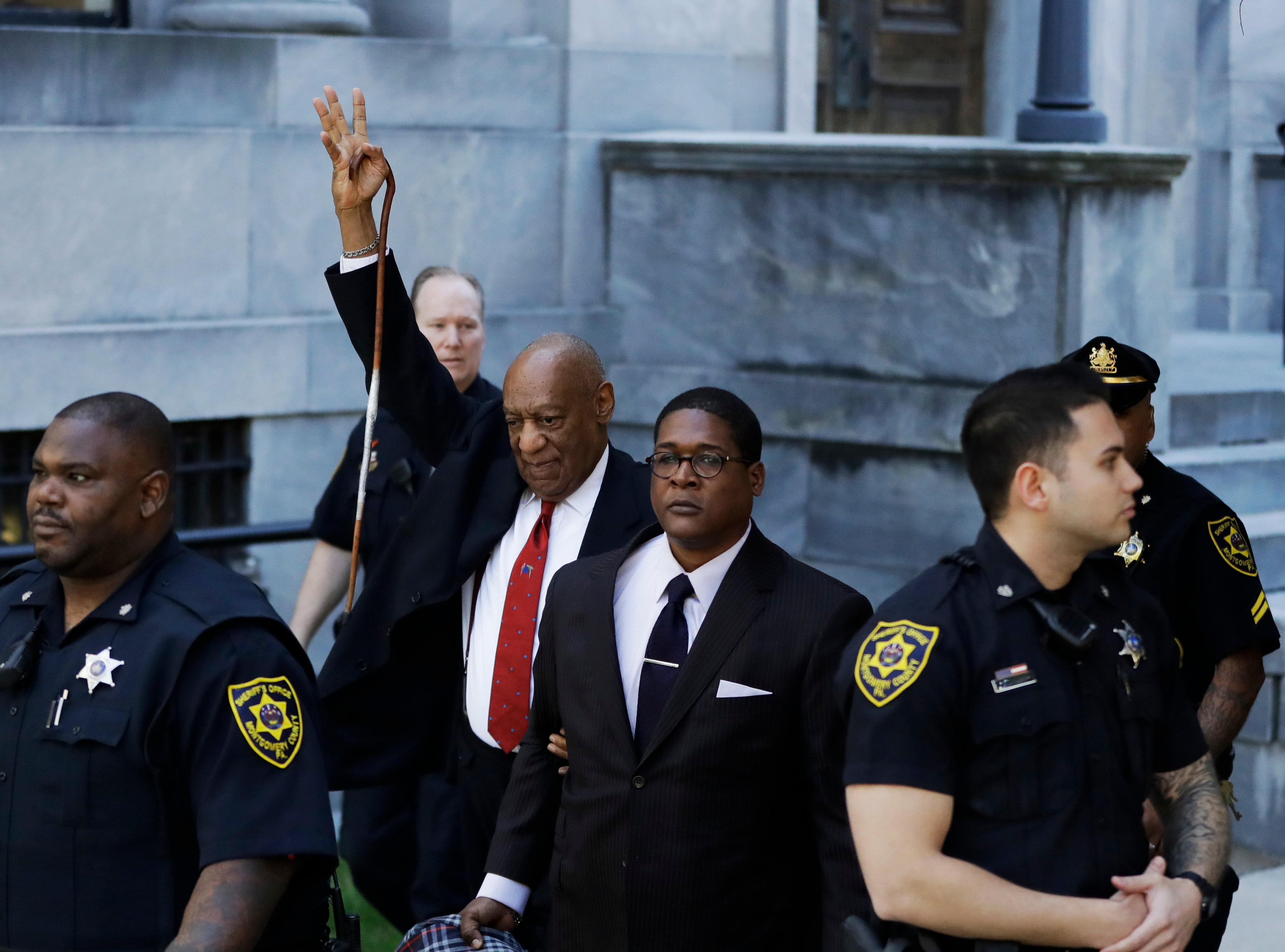 Bill Cosby gestures as he leaves the Montgomery County Courthouse on April 26, 2018, in Norristown, Pa., after he was convicted of drugging and molesting a woman in the first big celebrity trial of the #MeToo era. Pennsylvania’s highest court has overturned comedian Cosby’s sex assault conviction. The court said Wednesday, June 30, 2021, that they found an agreement with a previous prosecutor prevented him from being charged in the case. (AP Photo/Matt Slocum, File)