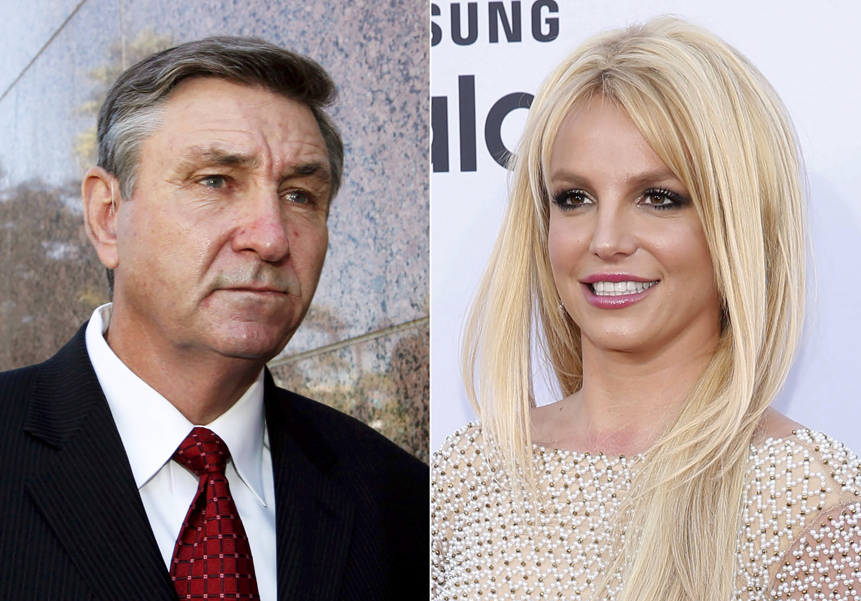 Jamie Spears, father of singer Britney Spears, leaves the Stanley Mosk Courthouse in Los Angeles on Oct. 24, 2012, left, and Britney Spears arrives at the Billboard Music Awards in Las Vegas on May 17, 2015. (Associated Press photos)